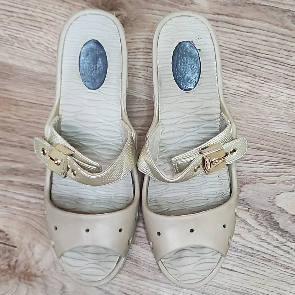 Dr Scholls Original Asana Buckle Open Toe Slide On Grey Heels Feel Good Shoes - Picture 4 of 13